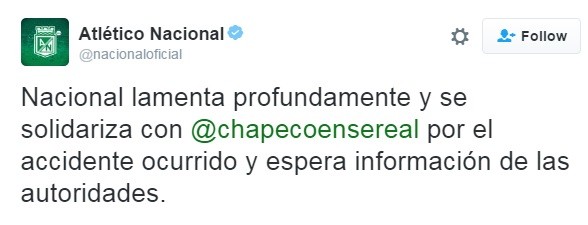 O Nacional lamenta profundamente e se solidariza com a Chapecoense pelo acidente ocorrido e aguarda informações das autoridades