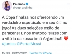 Paulinha parabeniza seleção argentina pela conquista da Copa do Mundo
